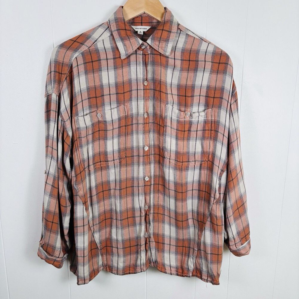 Max Studio Women's Button Front Shirt Roll Tab Sleeve Rust Plaid Size Small